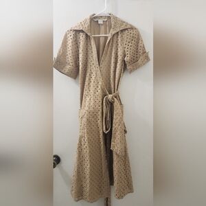 Elegant Tan Eyelet Dress, Size 6, Embroidered, Cotton.